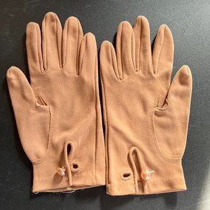 Vintage Retro Tan Crescendoe Caresse Nylon Button Wrist Fashion Gloves sz 7 1/2
